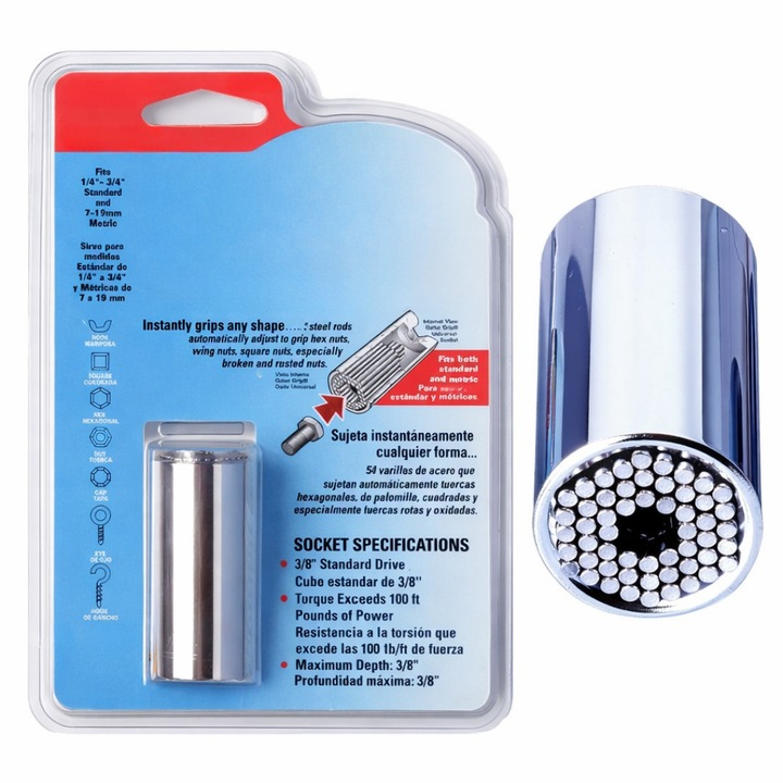 Adaptor cheie universala Macvi® 7–19 mm cu pini metalici ajustabili cap tubular multifunctional din otel aliat pentru bormasina si clichet, prindere ferma pe suruburi uzate