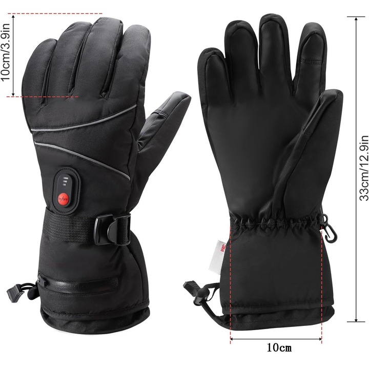 Fűthető kesztyű, 3 hőmérsékleti mód, Kényelmes és csúszásmentes, Érintőképernyő funkció, Állítható hőmérsékletű fűtött kesztyű, USB töltőkábel, fekete, univerzális méret