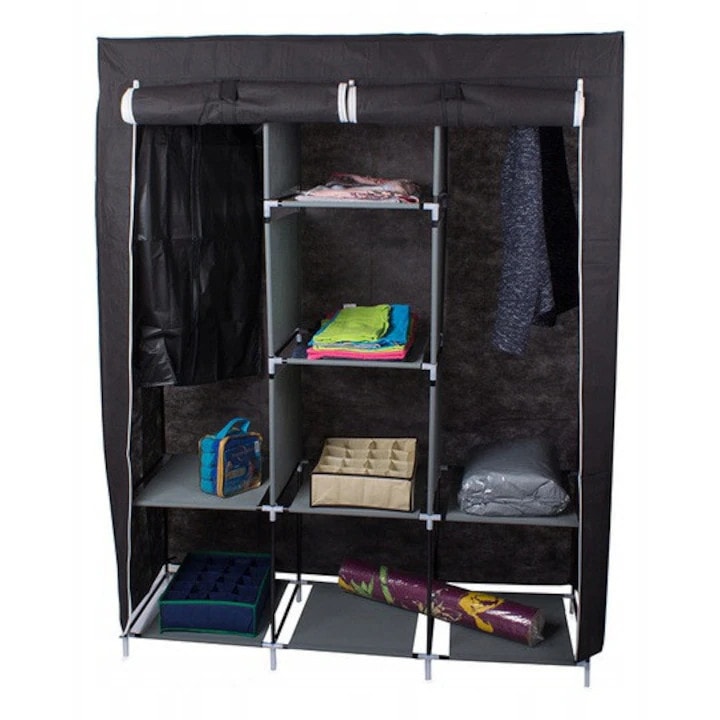 Dulap Pentru Haine Din Material Textil, Organizator Dressing Cu Rafturi Si Compartiment Umerase, Culoare Neagra, Dimensiuni 130 x 45 x 170 cm