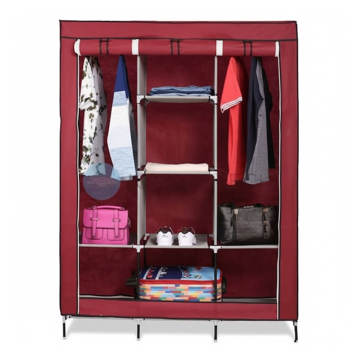 Dulap Pentru Haine Din Material Textil, Organizator Dressing Cu Rafturi Si Compartiment Umerase, Culoare Rosie, Dimensiuni 130 x 45 x 170 cm