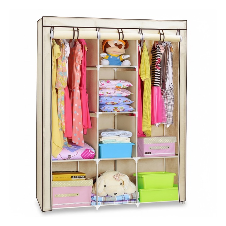 Dulap Pentru Haine Din Material Textil, Organizator Dressing Cu Rafturi Si Compartiment Umerase, Culoare Bej, Dimensiuni 130 x 45 x 170 cm