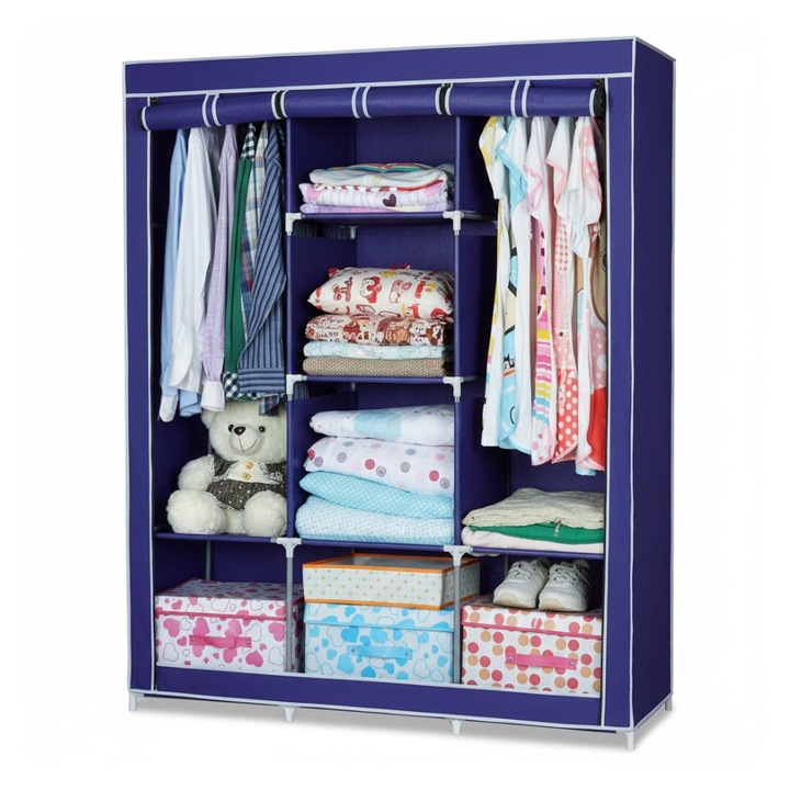 Dulap Pentru Haine Din Material Textil, Organizator Dressing Cu Rafturi Si Compartiment Umerase, Culoare Albastra, Dimensiuni 130 x 45 x 170 cm