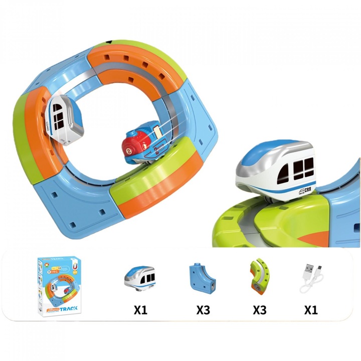 Комплект Влакче с 3D Трасе, 8 Части с Релси – Конструкция Clip-Fit, Железопътен Магнетизъм, Цветни Кубчета, Строителни Блокове, Образователна Играчка за Деца 3–8 години, Комплект за Строителство на Влакче със Склонове, Примка, Мостове и Креативни Трасета