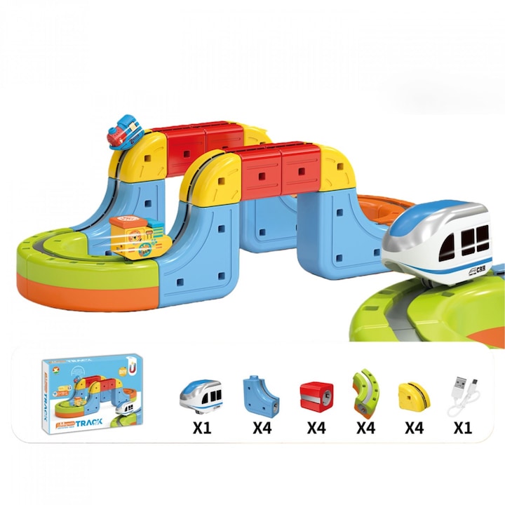 Set Tren cu Traseu 3D, 18 Piese cu Sine – Constructie Clip-Fit, Magnetism feroviar, Cuburi Colorate, Blocuri de Constructie, Jucarie Educativa pentru Copii 3–8 ani, Set Constructie Tren cu Pante, Bucla, Poduri si Trasee Creative
