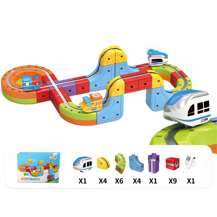 Set Tren cu Traseu 3D, 26 Piese cu Sine – Constructie Clip-Fit, Magnetism feroviar, Cuburi Colorate, Blocuri de Constructie, Jucarie Educativa pentru Copii 3–8 ani, Set Constructie Tren cu Pante, Bucla, Poduri si Trasee Creative