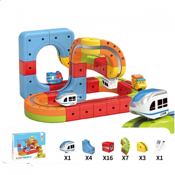 Set Tren cu Traseu 3D, 32 Piese cu Sine – Constructie Clip-Fit, Magnetism feroviar, Cuburi Colorate, Blocuri de Constructie, Jucarie Educativa pentru Copii 3–8 ani, Set Constructie Tren cu Pante, Bucla, Poduri si Trasee Creative