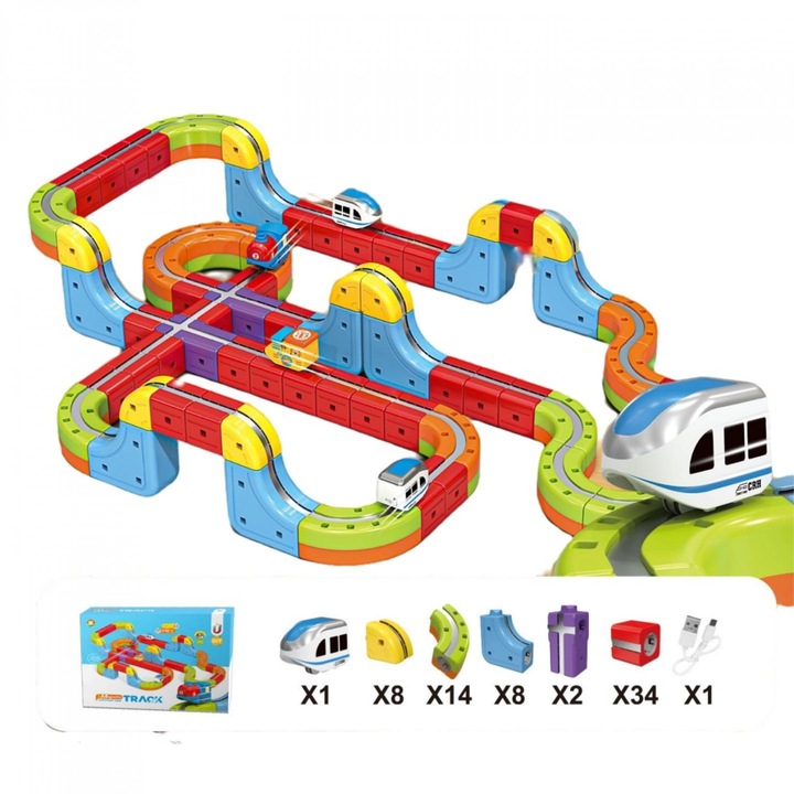 Комплект Влакче с 3D Трасе, 68 Части с Релси – Конструкция Clip-Fit, Железопътен Магнетизъм, Цветни Кубчета, Строителни Блокове, Образователна Играчка за Деца 3–8 години, Комплект за Строителство на Влакче със Склонове, Примка, Мостове и Креативни Трасета