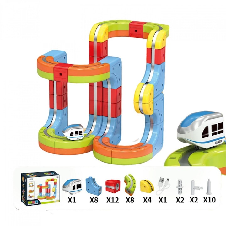 Комплект Влакче с 3D Трасе, 48 Части с Релси – Clip-Fit Конструкция, Железопътен Магнетизъм, Цветни Кубчета, Строителни Блокове, Образователна Играчка за Деца 3–8 години, Комплект за Строителство на Влакче със Склонове, Примка, Мостове и Творчески Трасета