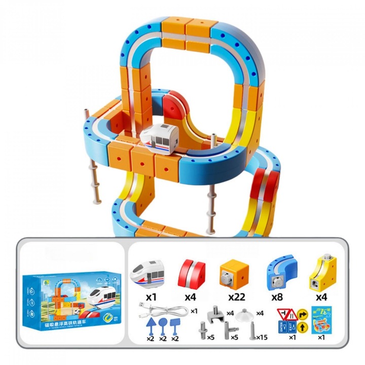 Set Tren cu Traseu 3D, 81 Piese cu Sine – Constructie Clip-Fit, Magnetism feroviar, Cuburi Colorate, Blocuri de Constructie, Jucarie Educativa pentru Copii 3–8 ani, Set Constructie Tren cu Pante, Bucla, Poduri si Trasee Creative