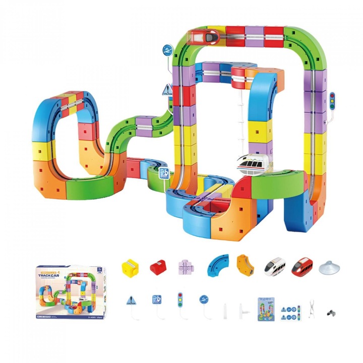 Комплект Влакче с 3D Трасе, 121 Части с Релси – Конструкция Clip-Fit, Цветни Кубчета, Строителни Блокове, Образователна Играчка за Деца 3–8 години, Комплект за Строителство на Влакче със Склонове, Примка, Мостове и Креативни Трасета