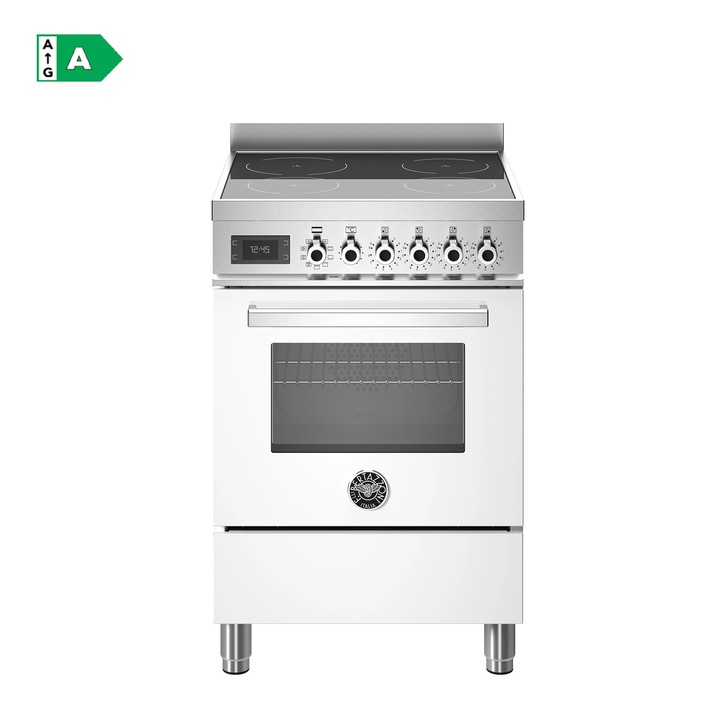 Aragaz premium cu plita pe inductie si cuptor electric Bertazzoni, 60 cm, colectie Professional, 4 zone de gatit, 9 trepte de putere+Booster, cuptor 69 litri, 11 moduri gatire, indicator caldura reziduala, panou de control tactil si mecanic, alb