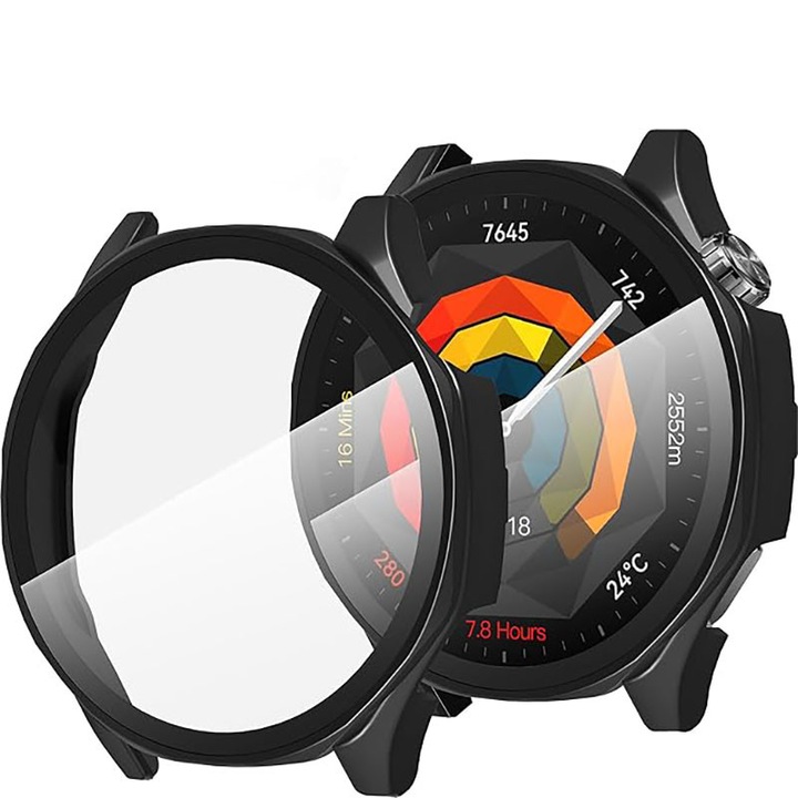 Защитен калъф, съвместим със смарт часовник Huawei Watch GT 5 46mm, черен, със защитно фолио от закалено стъкло, устойчив на удари и надраскване