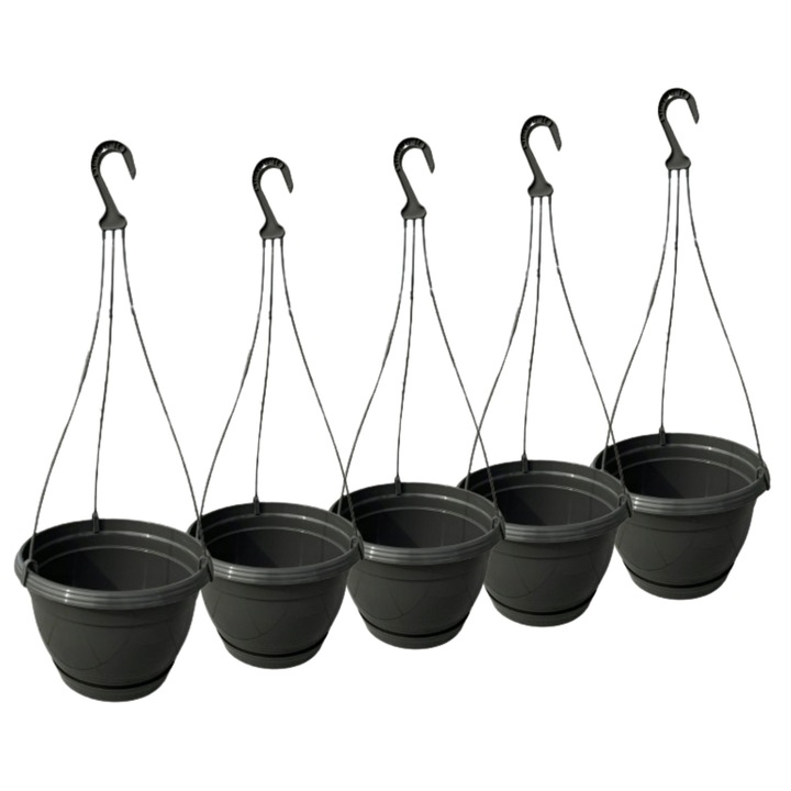 Ghiveci suspendat cu suport, set 5 bucati, gri, 21cm