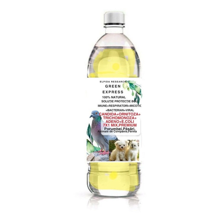 Supliment nutritiv Green Express Protectie Boli Imune, Respiratori, Micotic, Digestiv, CANDIDA+ORNITOZA+TRICHOMONOZA+ADENO+E.COLI Premium, 7X1 MIX, 0.1 L, galben-maro, porumbei, pasari, animale companie, ferma