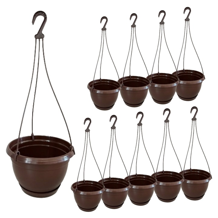 Ghiveci suspendat cu suport, 18 cm, set 10 bucati, culoare maro, pentru surfinii si pelargoni