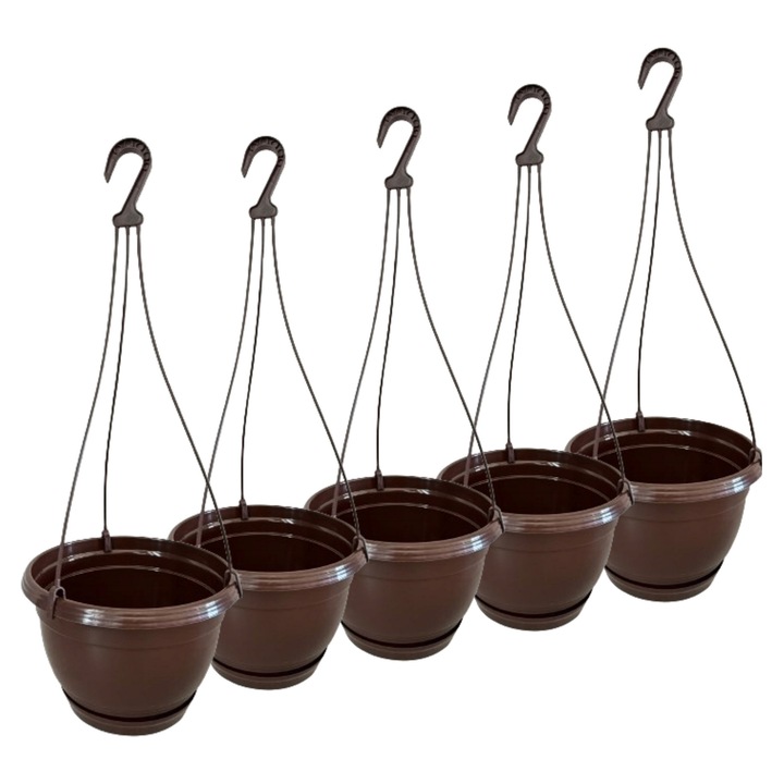 Ghiveci suspendat cu suport, set 5 bucati, 24cm, culoare bruna, pentru surfinie