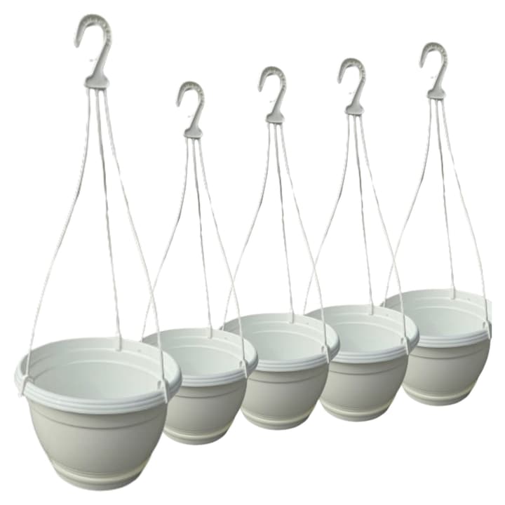 Ghiveci suspendat cu suport alb 18 cm set 5 bucati
