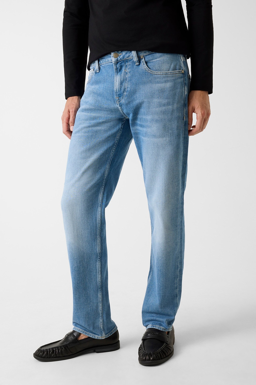 GUESS, Blugi cu talie medie si buzunare, Albastru deschis, W34-L32