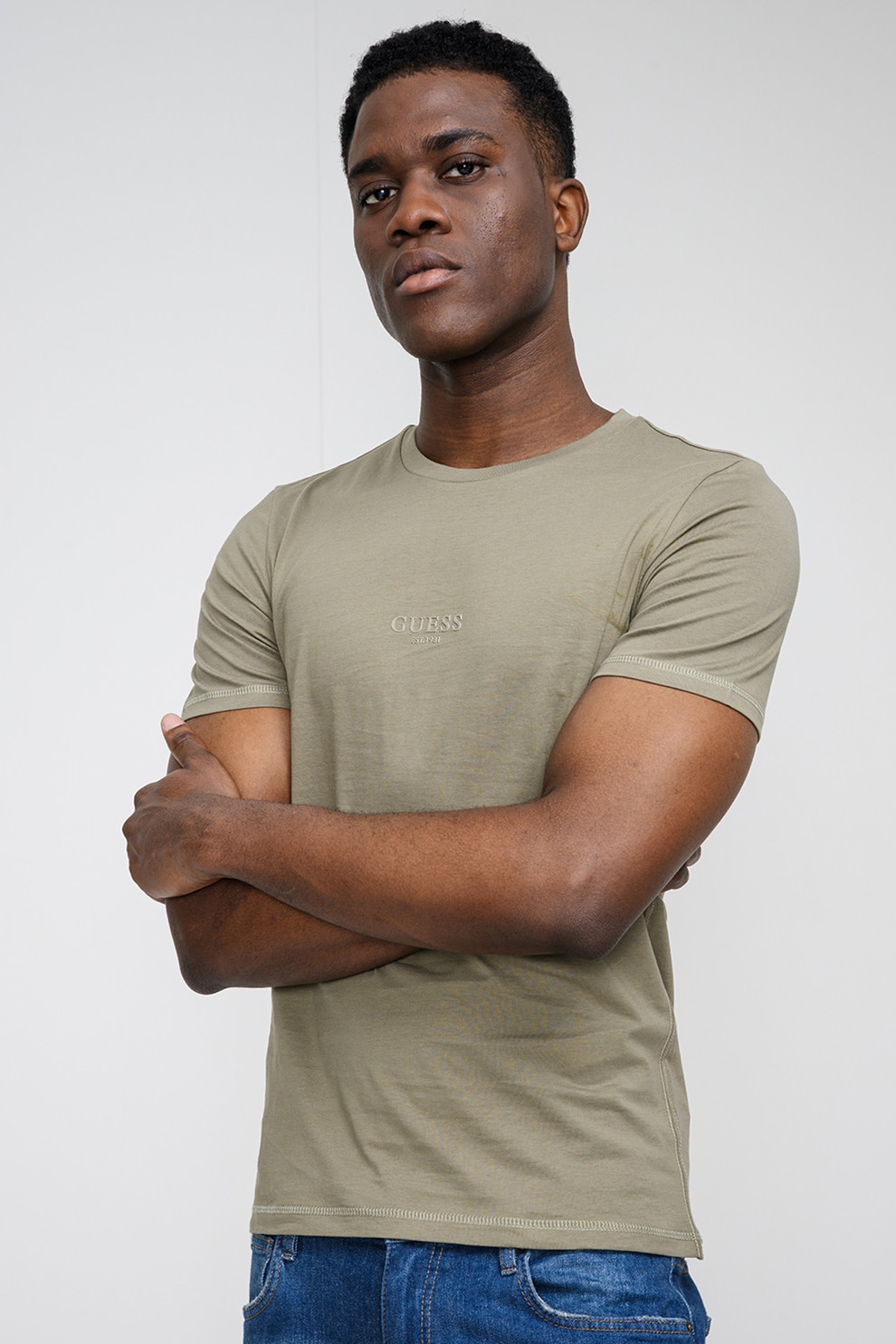 GUESS, Tricou slim fit de bumbac, Verde, Kaki, M
