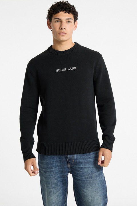 GUESS JEANS, Pulover de bumbac cu broderie logo, Negru