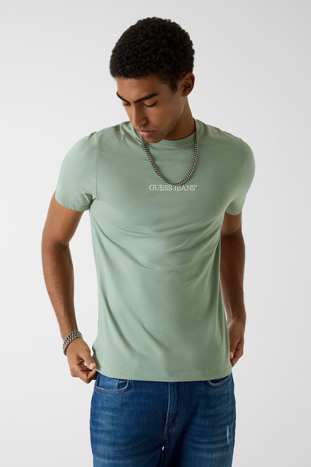 GUESS JEANS, Tricou din bumbac cu imprimeu logo, Verde sparanghel, L