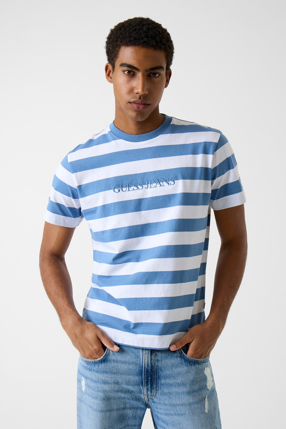 GUESS JEANS, Tricou cu dungi si logo, Alb, Albastru lavanda, M