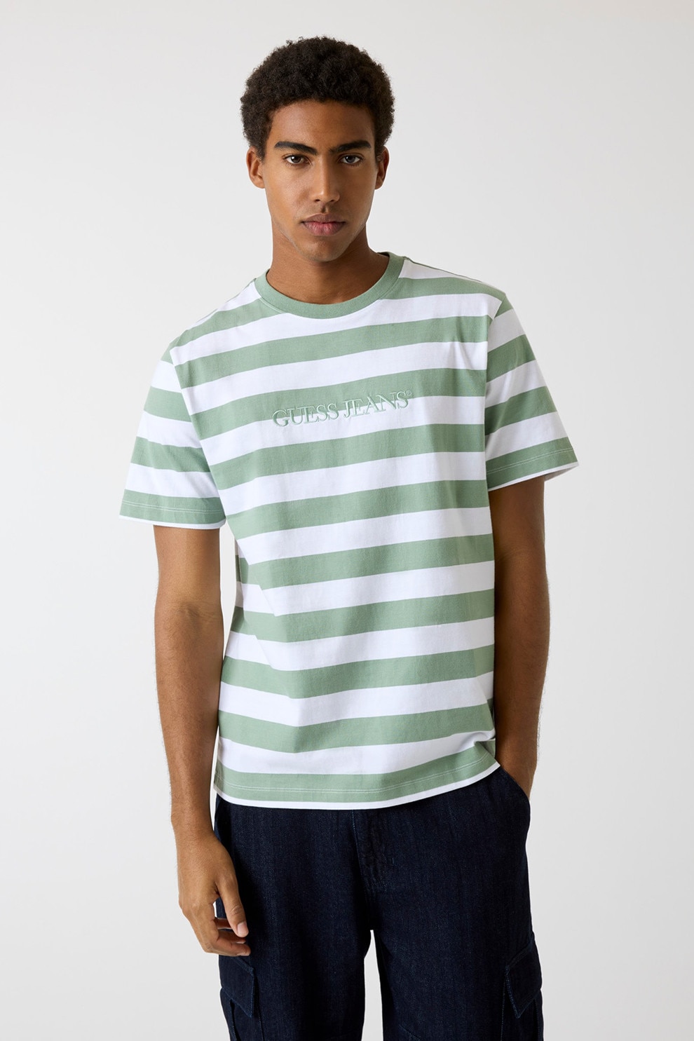 GUESS JEANS, Tricou cu dungi si logo, Alb, Verde sparanghel, M