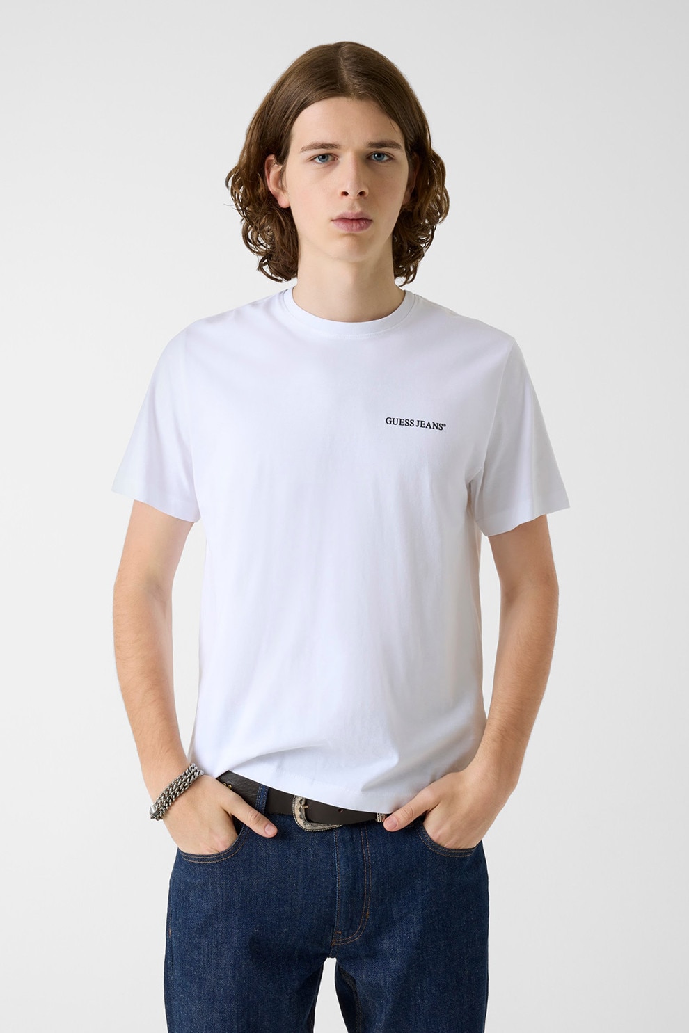 GUESS JEANS, Tricou de bumbac cu logo pe piept, Alb, M