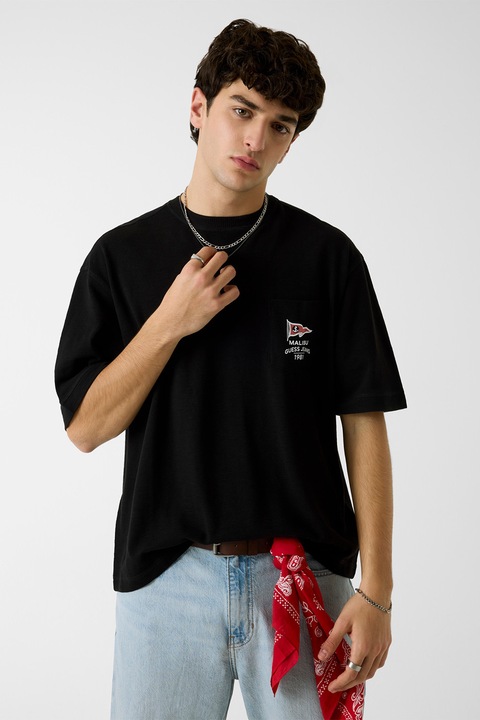 GUESS JEANS, Bő fazonú pamutpóló, Fekete