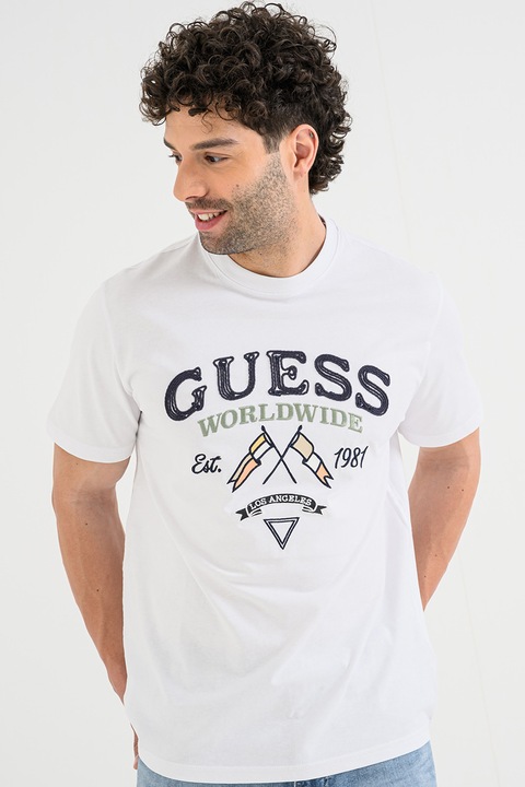 GUESS, Tricou de bumbac cu logo brodat, Verde/Alb murdar/Bleumarin