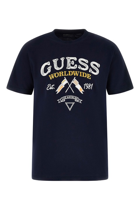 GUESS, Tricou de bumbac cu logo brodat, Alb/Bleumarin