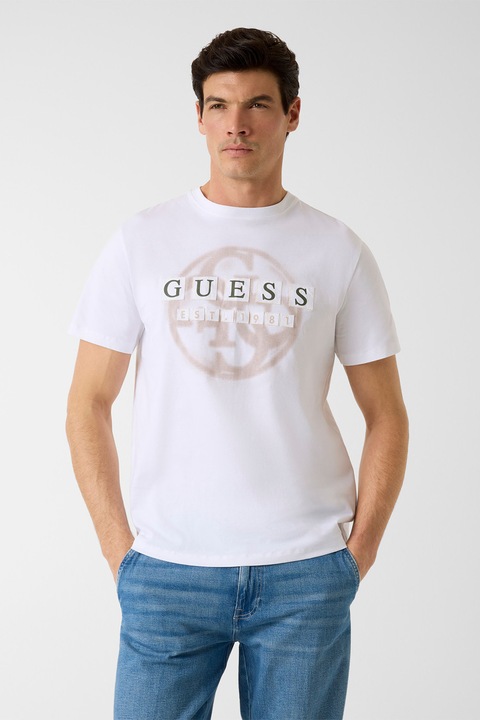 GUESS, Kerek nyakú logós póló, Fehér/Narancssárga/Halvány narancssárga, M