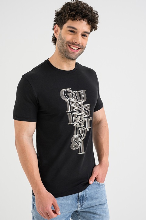 GUESS, Pamuttartalmú póló logómintával elöl, Fehér/Fekete/Bézs