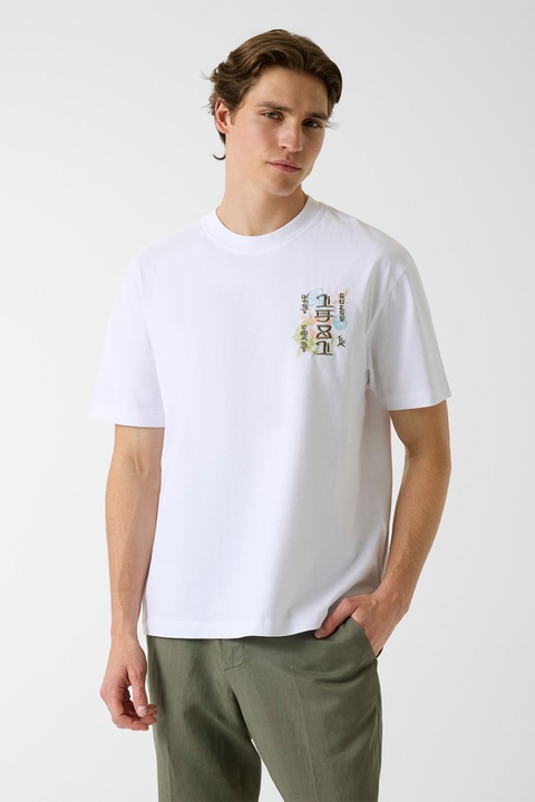 GUESS, Mintás bő fazonú pamutpóló, Zöld/Fehér