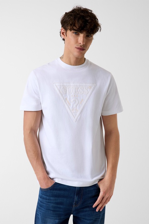 GUESS, Kerek nyakú logós póló, Halvány narancssárga/Fehér