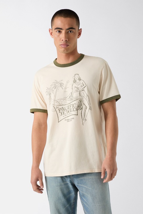 GUESS, Trópusi mintájú pamutpóló, Páfrányzöld/Krémszín