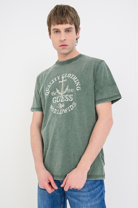 GUESS, Mosott hatású póló mintával, Páfrányzöld