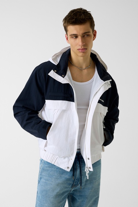 GUESS JEANS, Двуцветно яке с качулка, Бял/Ултрамарин синьо