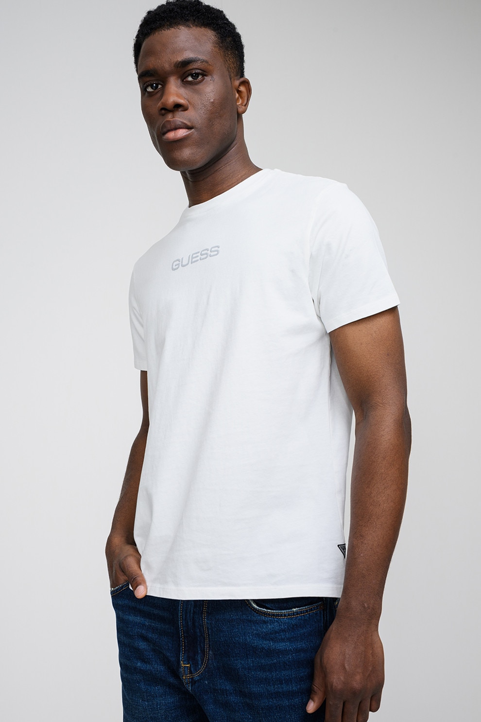 GUESS, Tricou de bumbac cu imprimeu foto pe partea din spate, Alb, Gri, L
