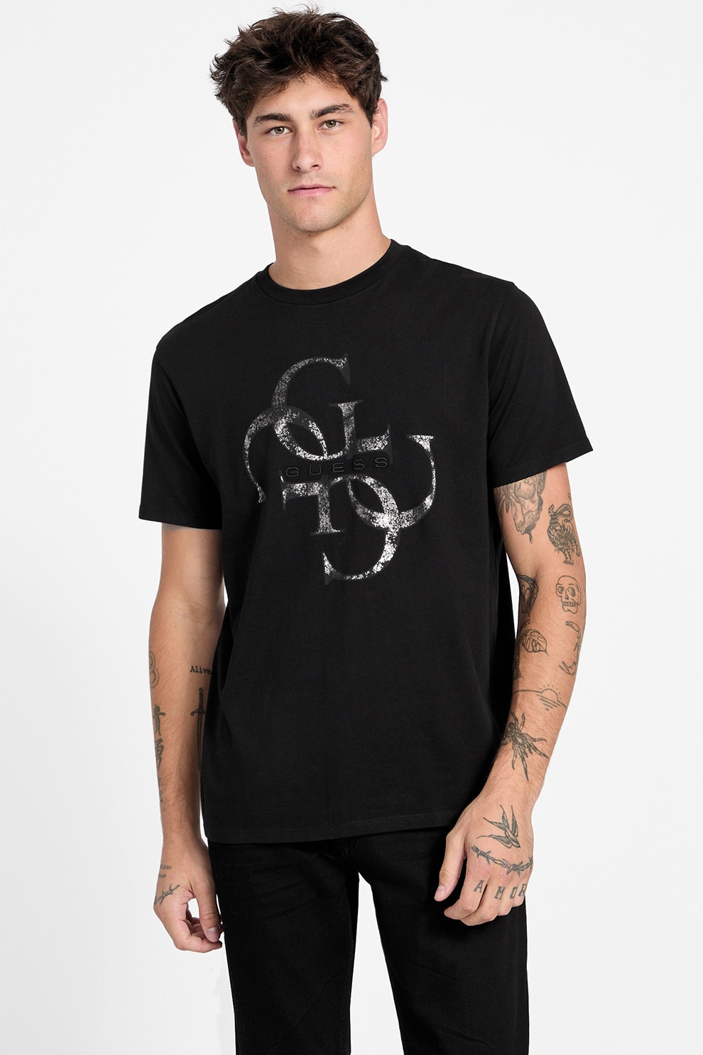 GUESS, Tricou cu imprimeu cu model monograma, Alb, Negru, M