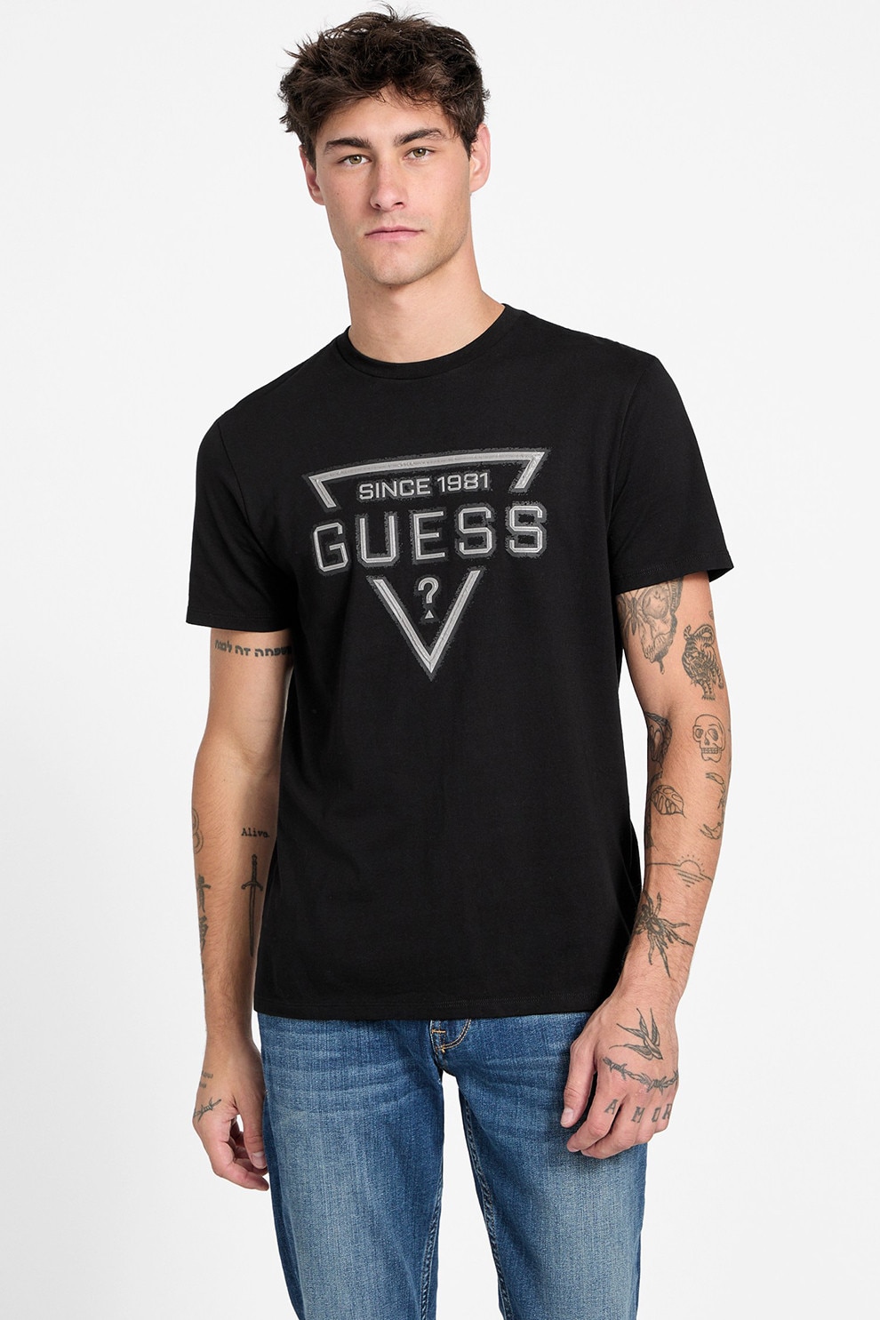 GUESS, Tricou din bumbac cu imprimeu logo, Alb murdar, Negru, XL