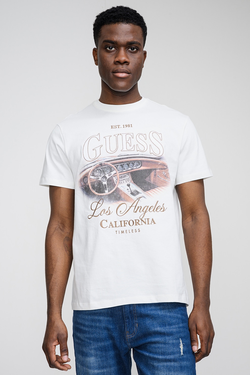 GUESS, Tricou de bumbac cu imprimeu logo, Alb, Maro deschis, M
