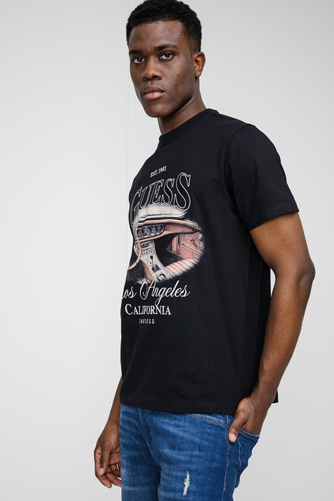 GUESS, Logómintás pamutpóló, Fehér/Fekete/Világosbarna