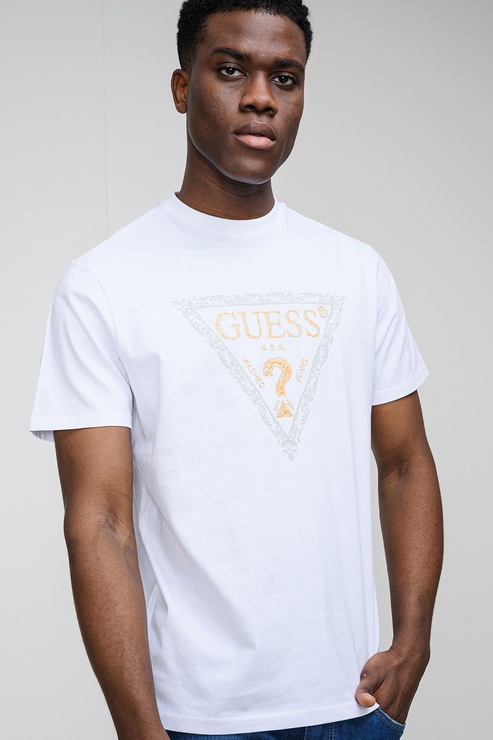 GUESS, Tricou din bumbac cu imprimeu logo, Alb, Auriu, Kaki, M