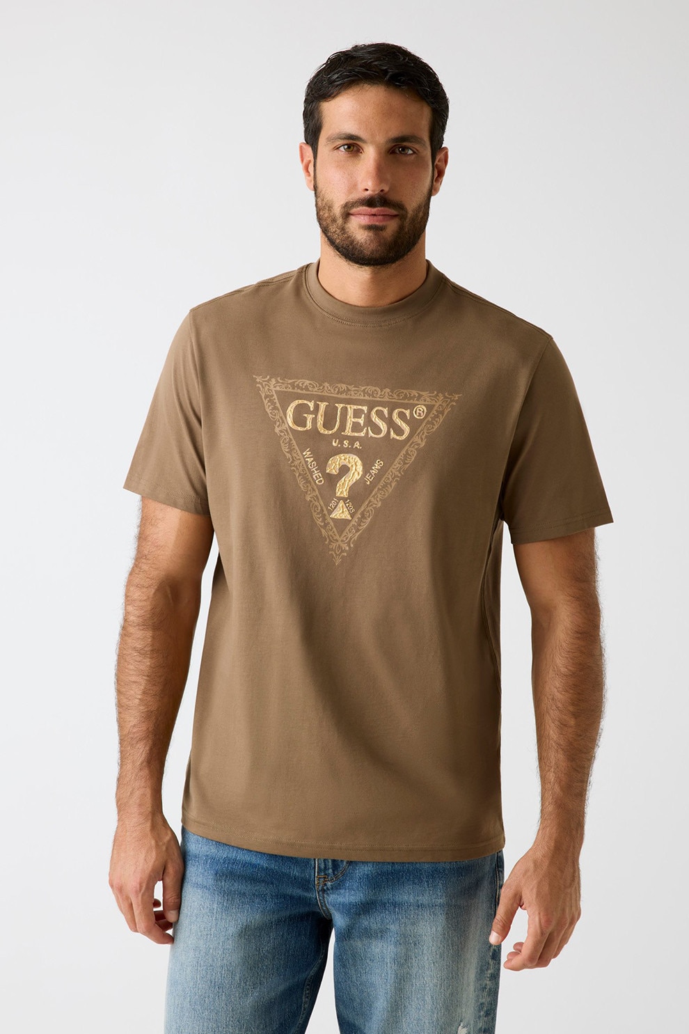 GUESS, Tricou din bumbac cu imprimeu logo, Bej, Maro deschis, S