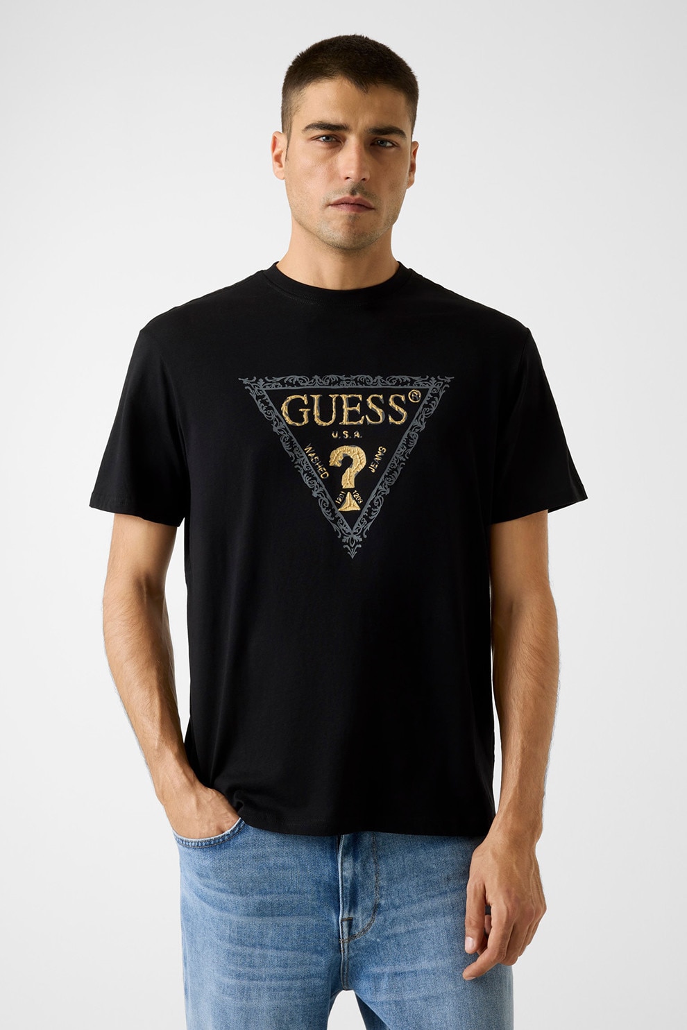 GUESS, Tricou din bumbac cu imprimeu logo, Auriu, Negru, Gri inchis, XL
