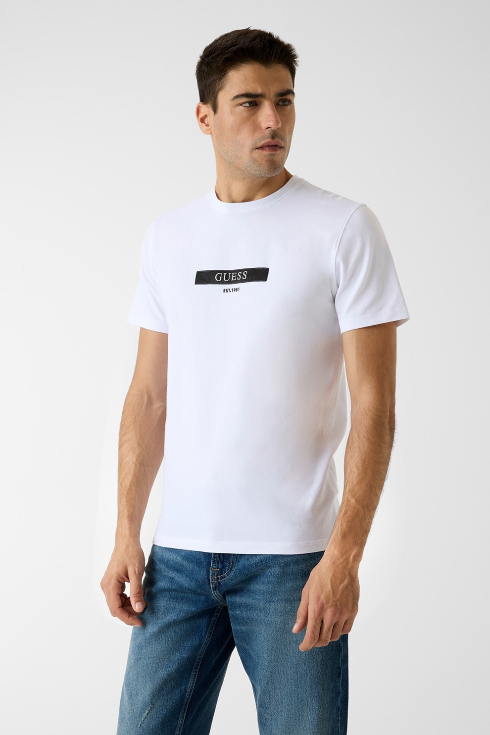 GUESS, Tricou din amestec de bumbac cu detaliu logo, Alb murdar, Negru, S