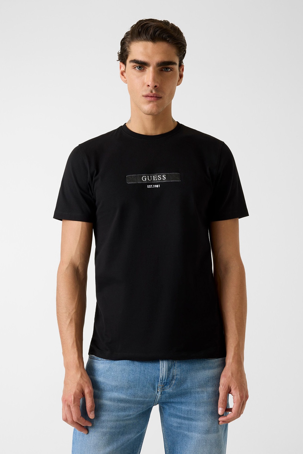 GUESS, Tricou din amestec de bumbac cu detaliu logo, Negru, L