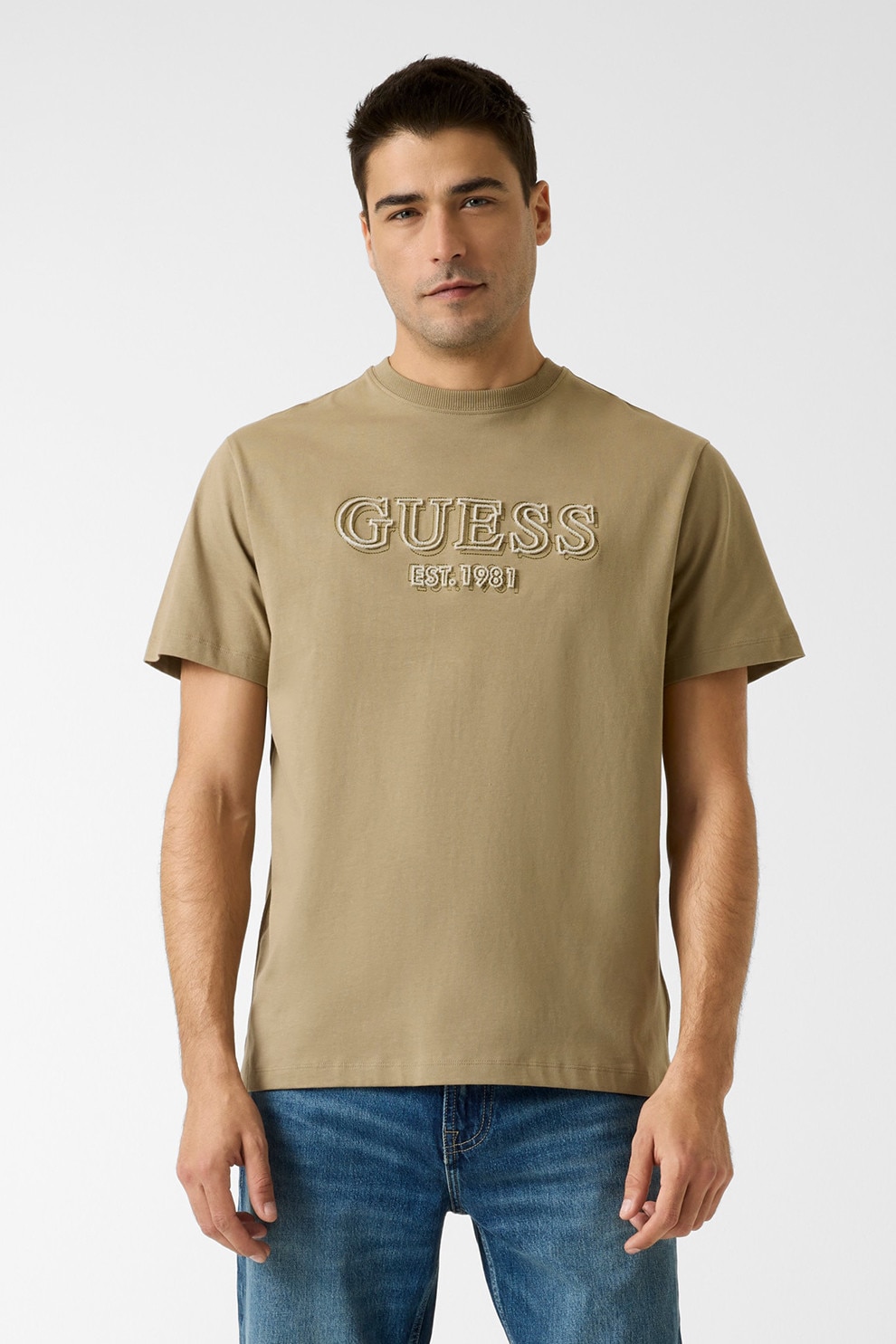 GUESS, Tricou cu logo brodat in relief, Maro deschis, M
