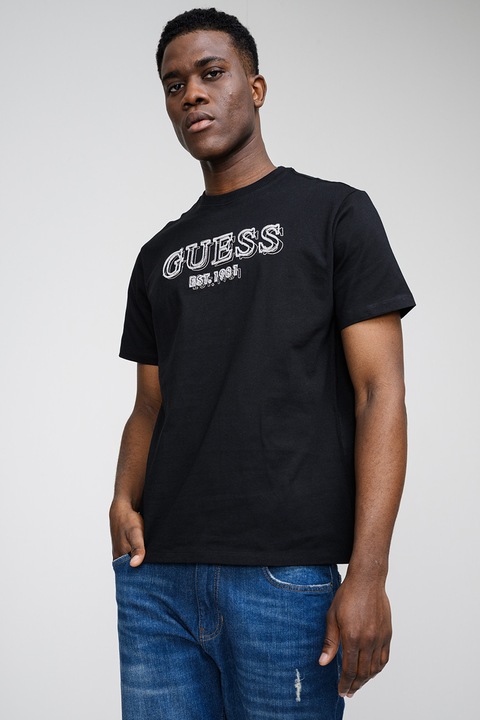 GUESS, Tricou cu logo brodat in relief, Alb/Negru/Bej